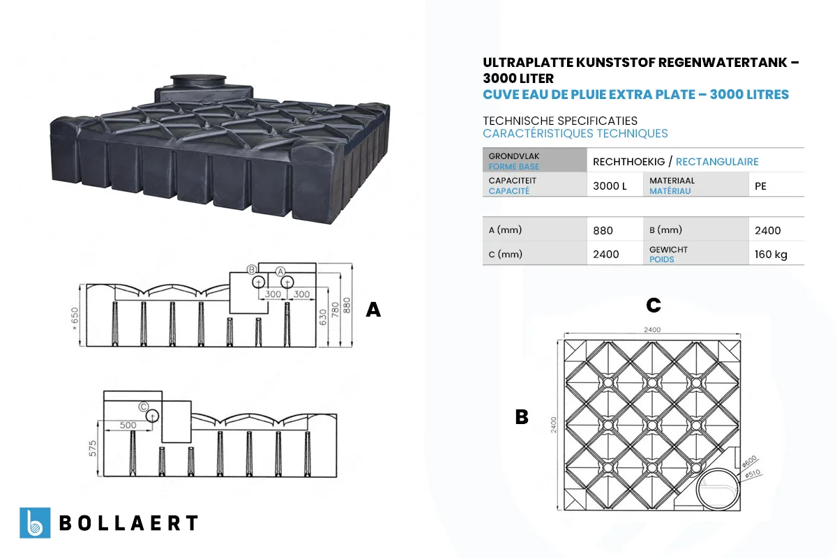 Ultraplatte kunststof regenwaterput – 3000 liter