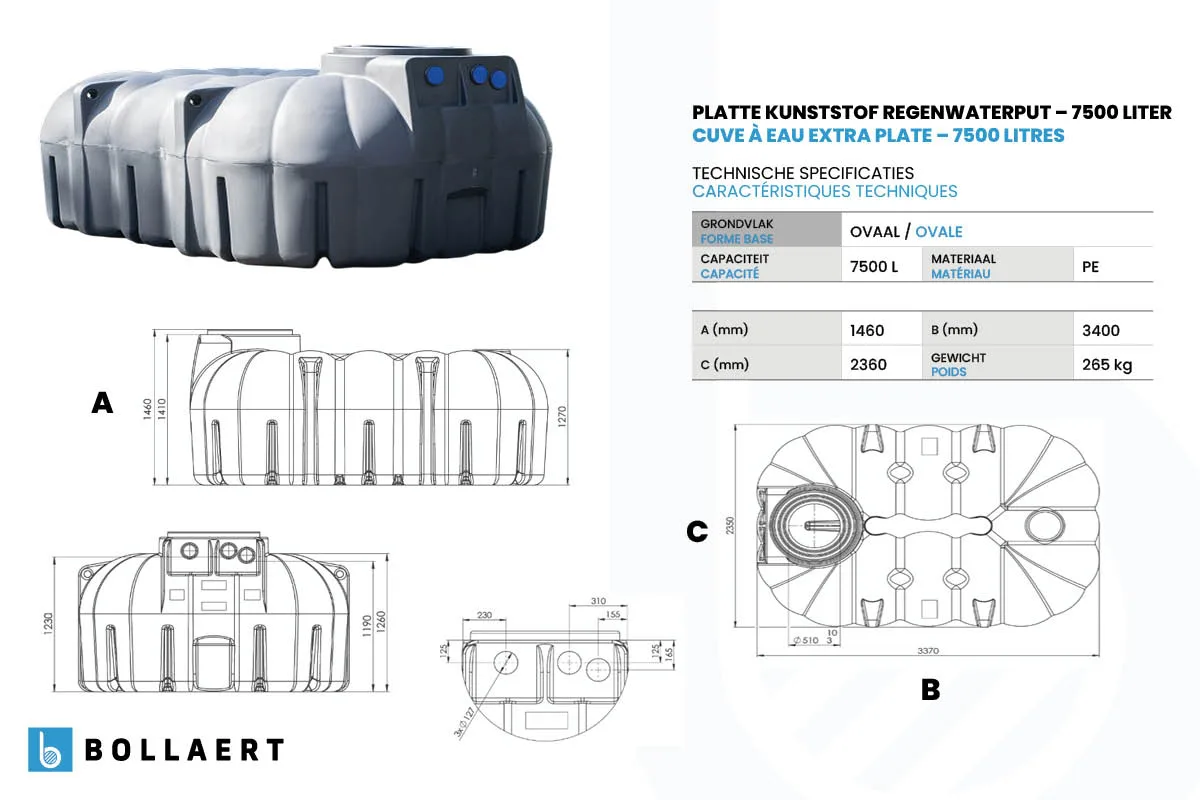 technische tekening platte kunststof regenwaterput 7500 liter