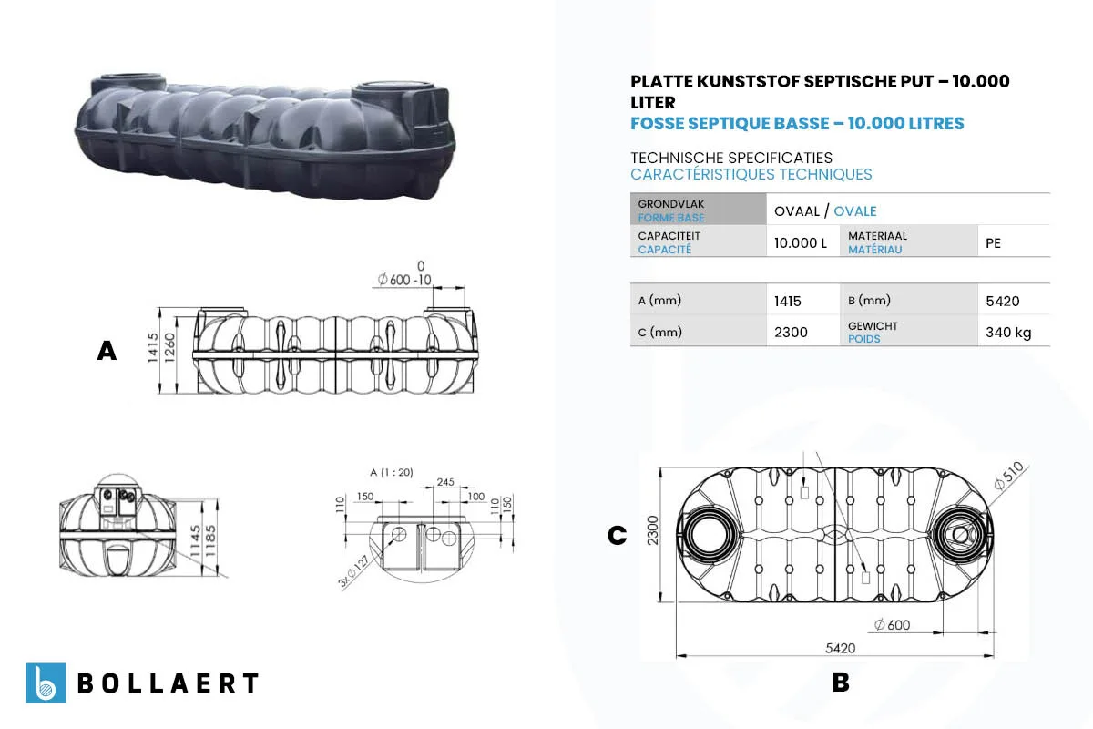 technische tekening platte kunststof septische put 10000 liter