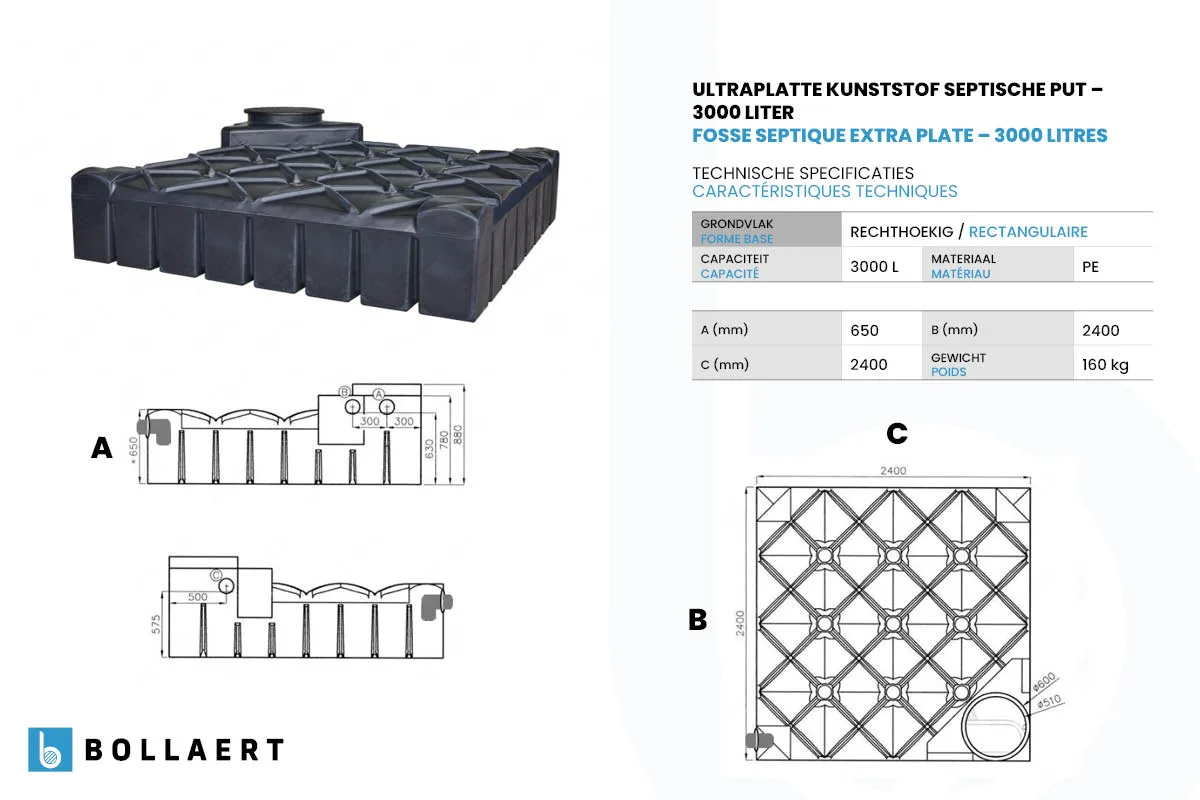 technische tekening ultraplatte kunststof septische put 3000 liter