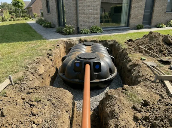 Verluchting septische put bij een ondergrondse kunststof tank in een open sleuf naast een woning