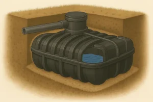 Ondergrondse regenput leeg met laag waterniveau en dor gras als teken van droogte