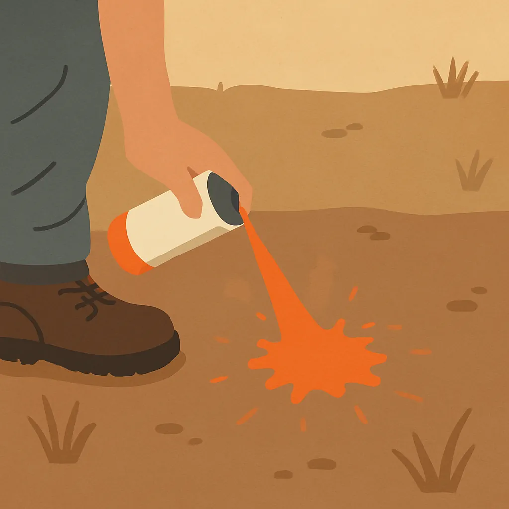 Man markeert de plaats in de grond met spuitverf voor de installatie van een ondergrondse vetafscheider bij een horecakeuken
