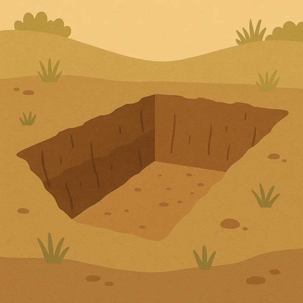 Gegraven kuil in de grond als voorbereiding voor de installatie van een ondergrondse vetput voor horeca