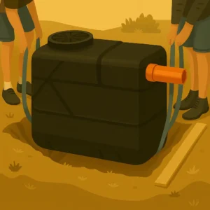 Plaatsing van een ondergrondse vetvangput in een gegraven kuil, waterpas gezet voor een stabiele installatie