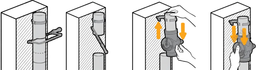 Filter voor regenwatertank installeren Een serie van vier illustraties die de 'schuif-methode' tonen voor het installeren van een regenpijpfilter. De stappen laten achtereenvolgens zien hoe een stuk uit de regenpijp wordt gezaagd, hoe de filterunit eerst over de bovenste buis wordt geschoven en vervolgens naar beneden wordt gelaten om over de onderste buis te sluiten.