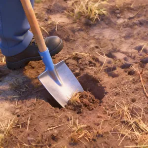 Stap 2 (Optie B): Handmatig starten met het graven van de put door een spade in de aarde te duwen binnen de oranje markering.