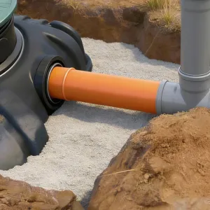Stap 7: De ruimte rondom de geplaatste septische put in de kuil opvullen met een laag lichtgrijze stabilisé (gestabiliseerd zand).