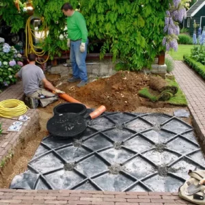 Installatie van een grote regenwaterput van 5000 liter in een uitgegraven put in de tuin waarbij werkmannen pvc afvoerbuizen aansluiten.