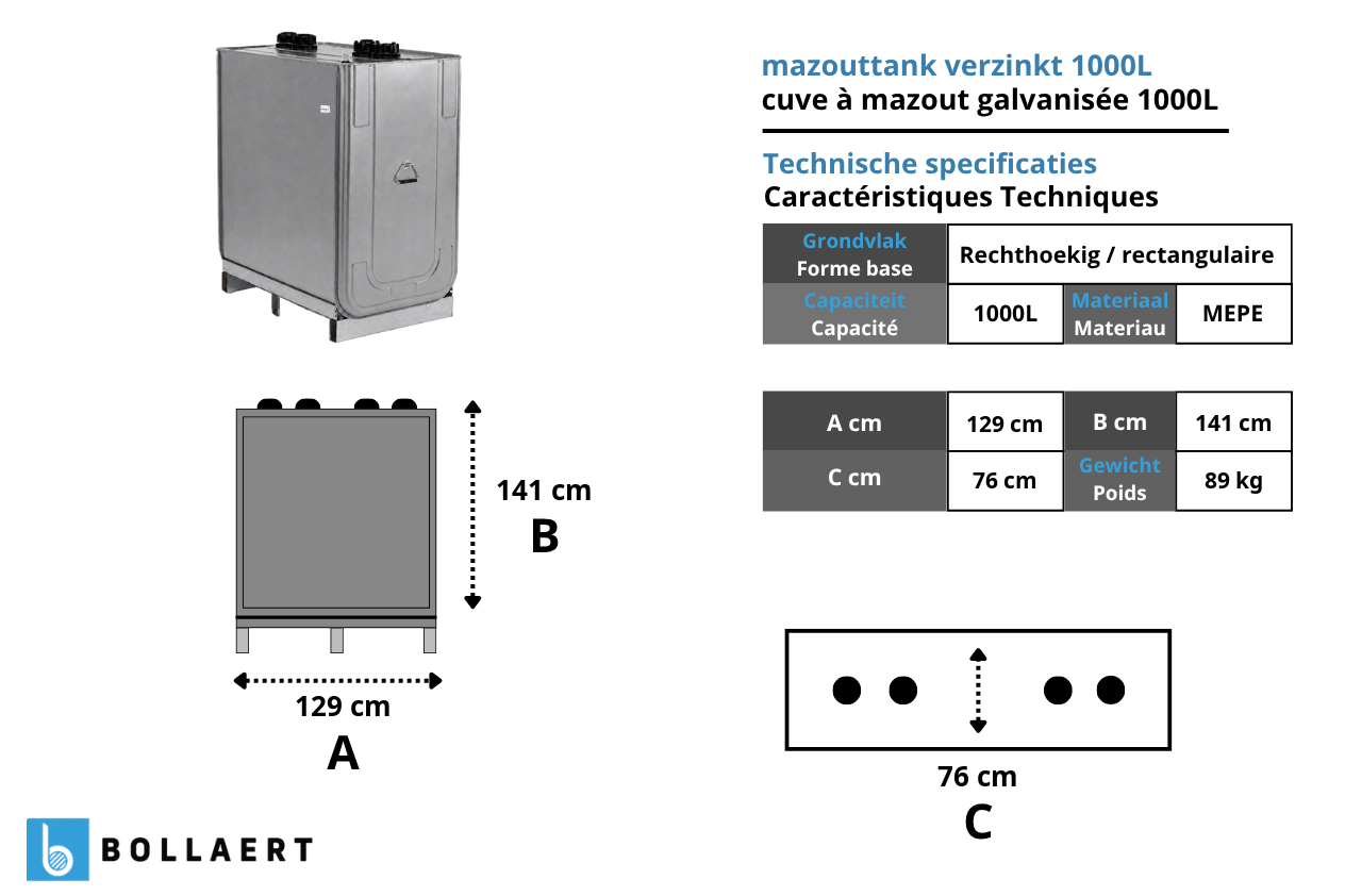 Technische tekening met afmetingen van de verzinkte mazouttank 1000 liter