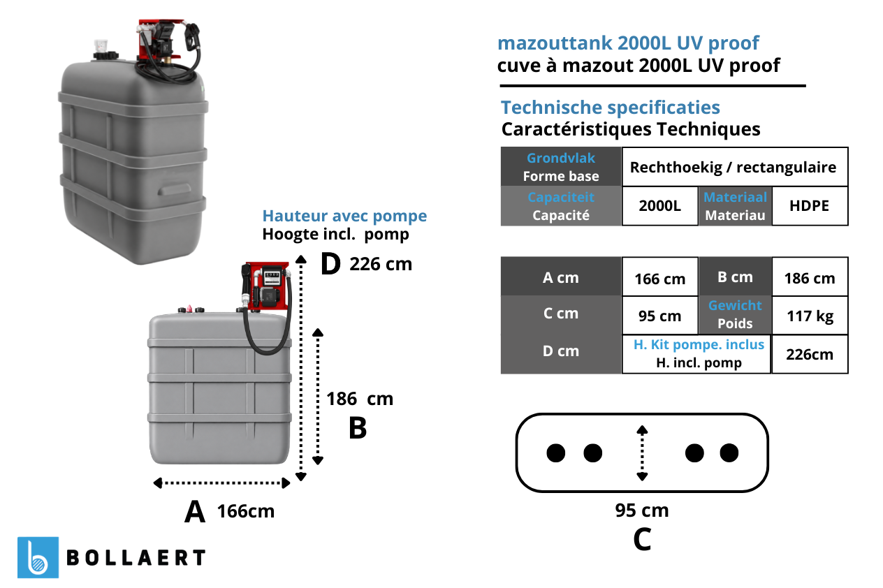 Technische tekening met afmetingen van de dubbelwandige mazouttank 2000 liter met pomp