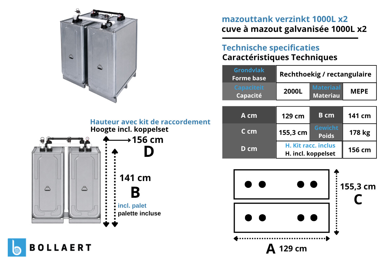 Technische tekening met afmetingen van twee gekoppelde verzinkte mazouttanks 1000 liter