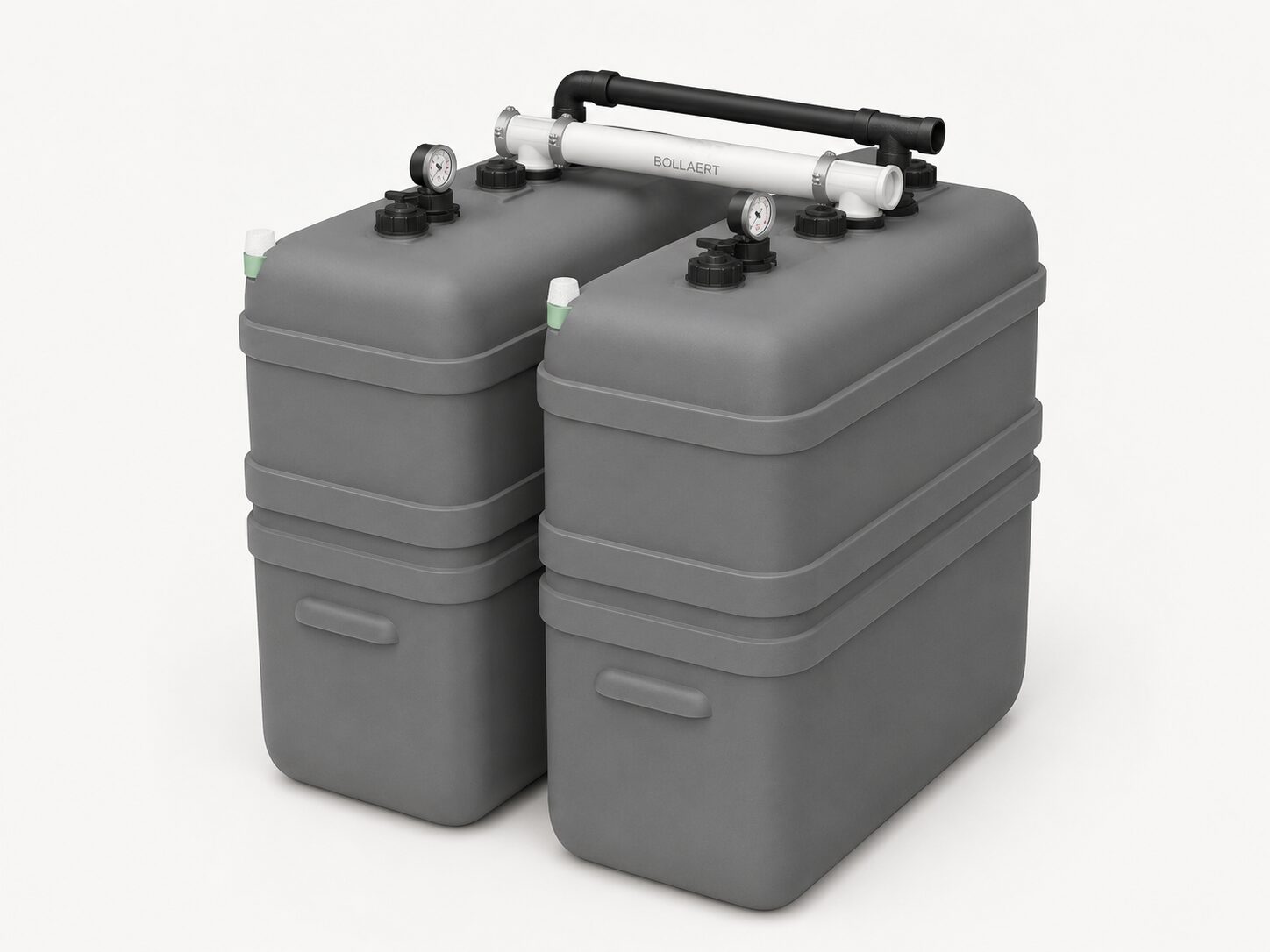 Twee gekoppelde grijze dubbelwandige mazouttanks 700 liter, vooraanzicht