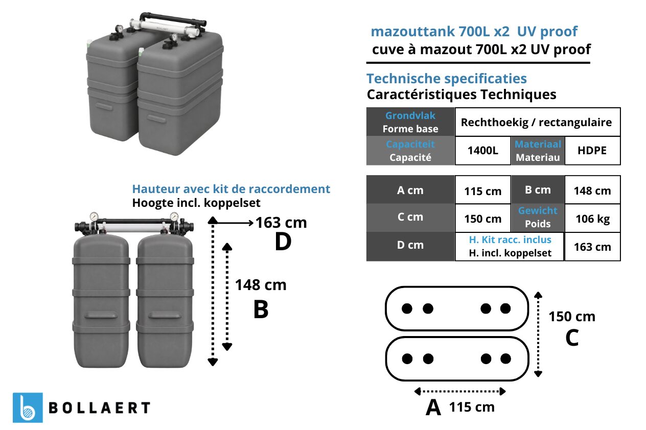 Technische tekening met afmetingen van twee gekoppelde grijze mazouttanks 700 liter