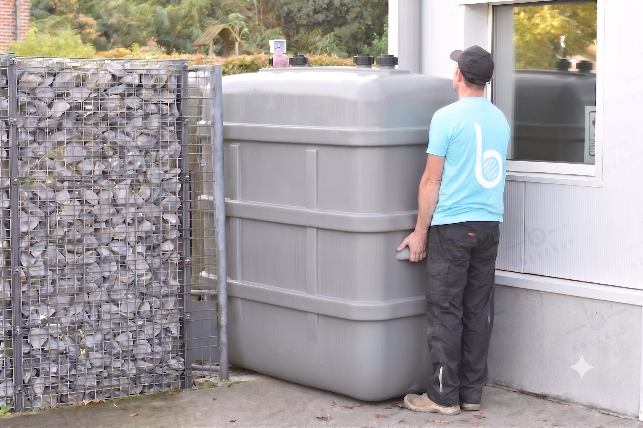 Dubbelwandige mazouttank naast een persoon, ter grootte-indicatie