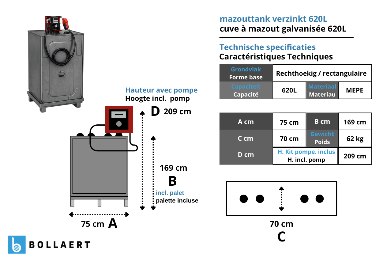 Technische tekening met afmetingen van de verzinkte mazouttank 620 liter met pomp