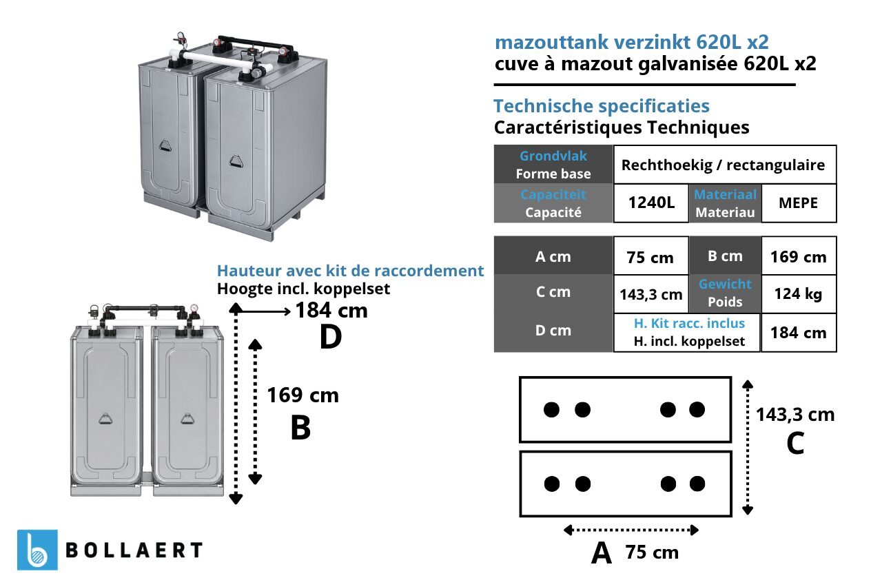Technische tekening met afmetingen van de gekoppelde verzinkte mazouttanks 2 x 620 liter